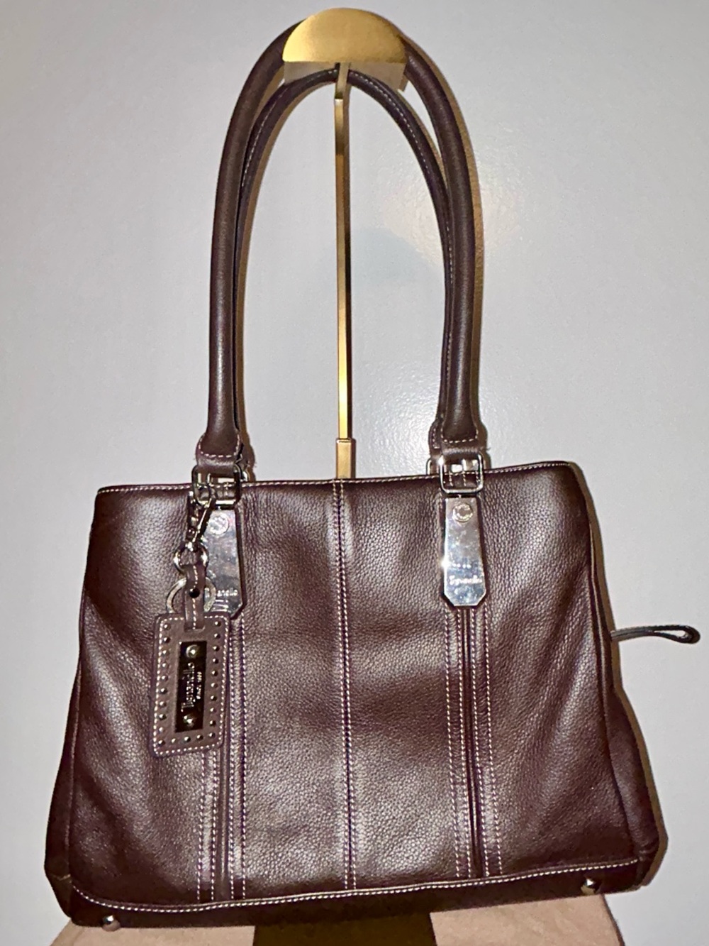 Tignanello Dark Brown Leather Shoulder Bag with Silver Hardware